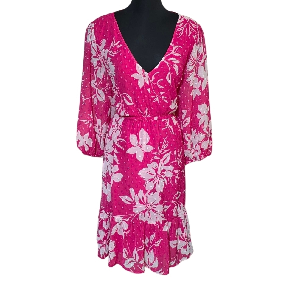 Torrid Pink Floral Babydoll Dress – Clip Dot V Neck Balloon Sleeve Size 2 (18/20 image 2